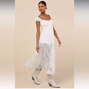 Lulus White Enisa Sheer Lace CapSleeve Shorts Underneath Ethereal Dress NWT XL
